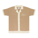 BROWN CONTRAST KNIT BUTTON-UP POLO