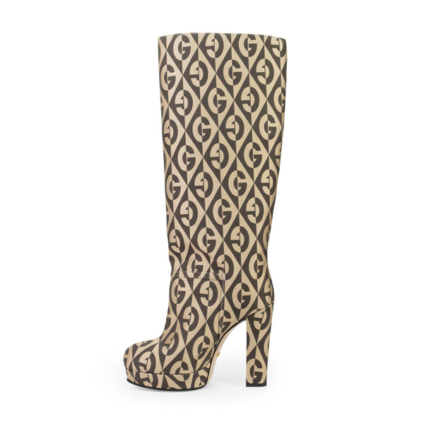 Brown And Beige Mini Diamonds Knee High Boots