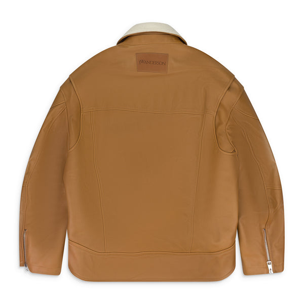 Brown Curved Hem High Neck Leather Jacket