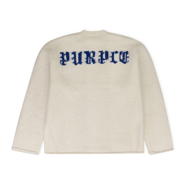 White Intarsia Knit Logo Cardigan