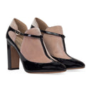 BLACK/TAN SCARPE VELVET ANKLE STRAP HEELS