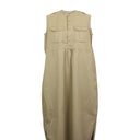 Beige Cotton Flap-Pocket Collarless Long Dress