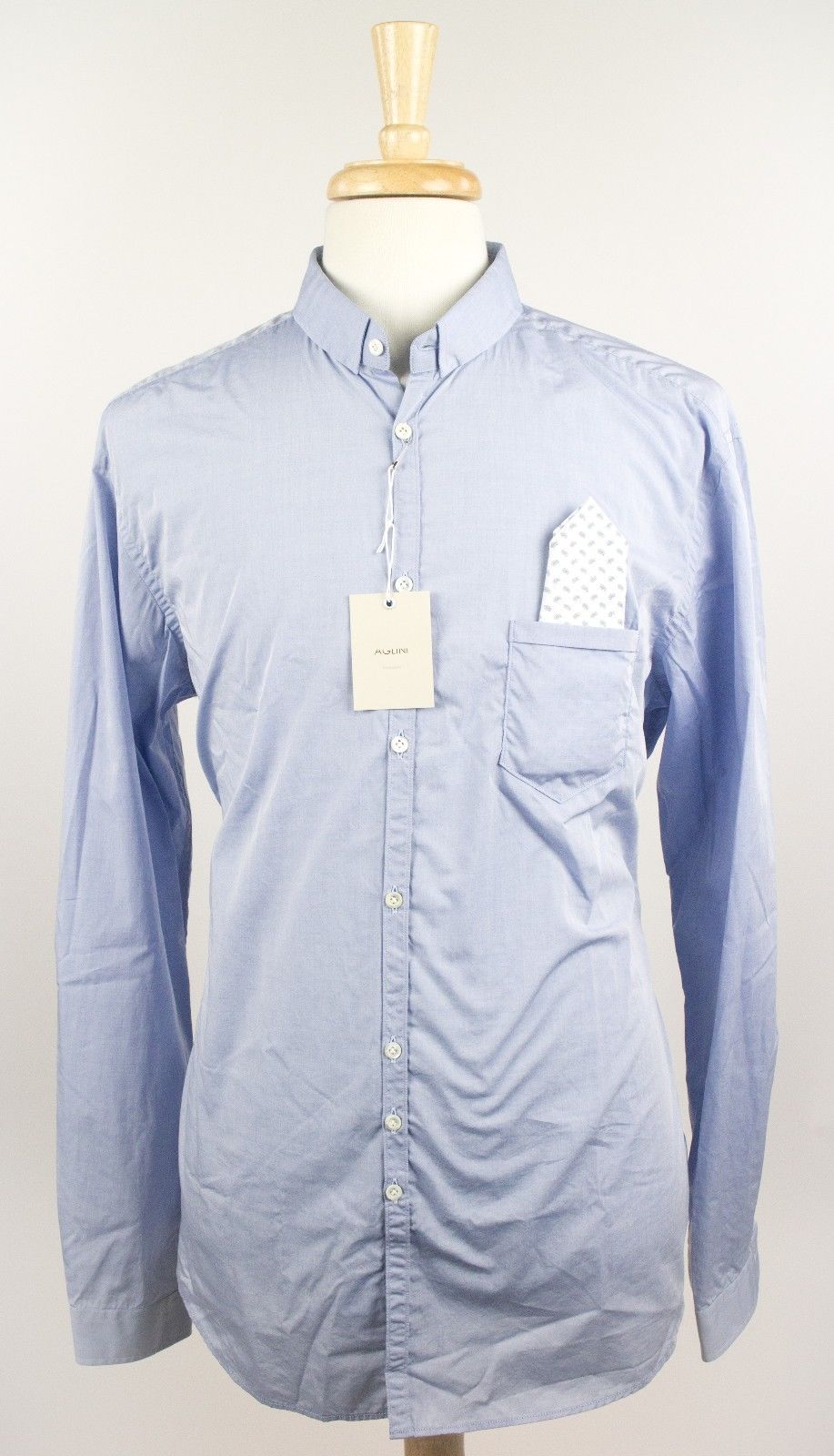 Aglini Blue 100% Cotton Long Sleeve Dress Shirt With Pocket Square! - Blue