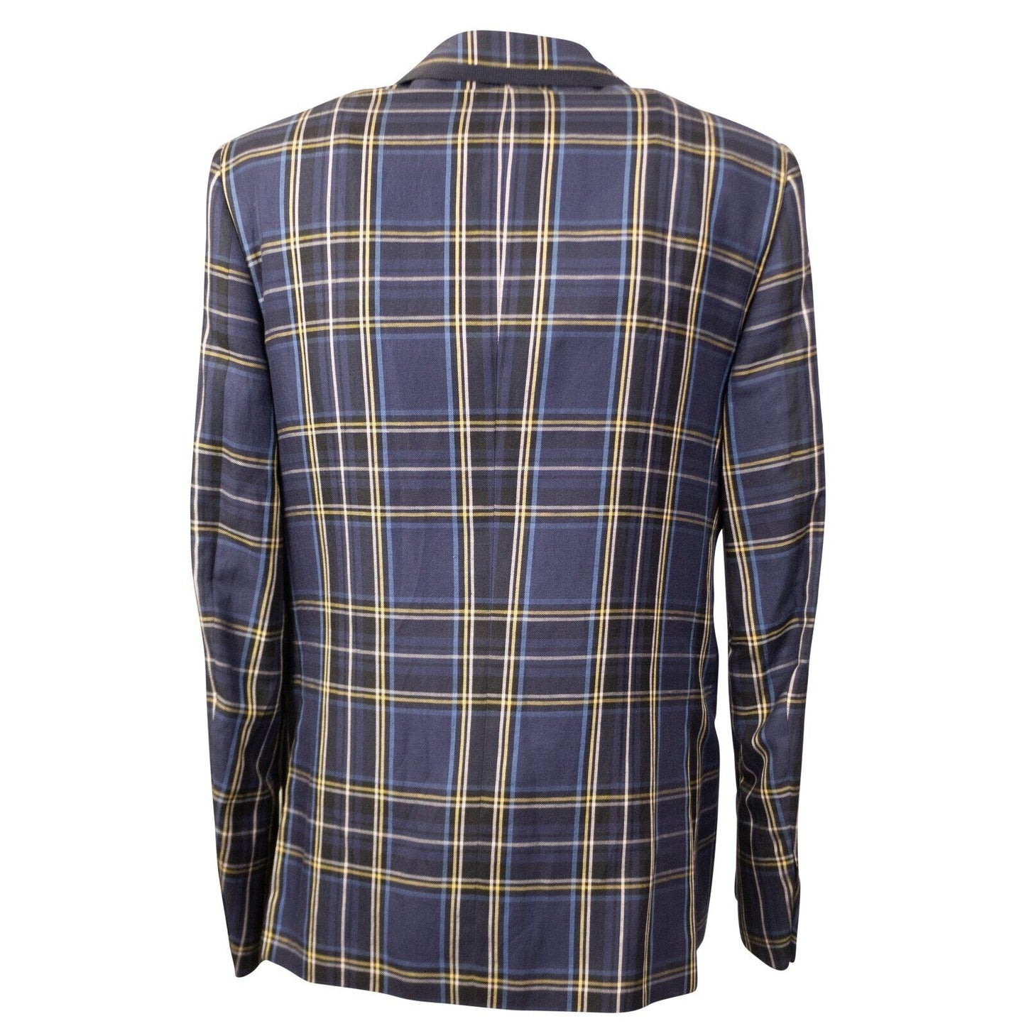 Navy Plaid Silk And Linen Single Breasted Blazer