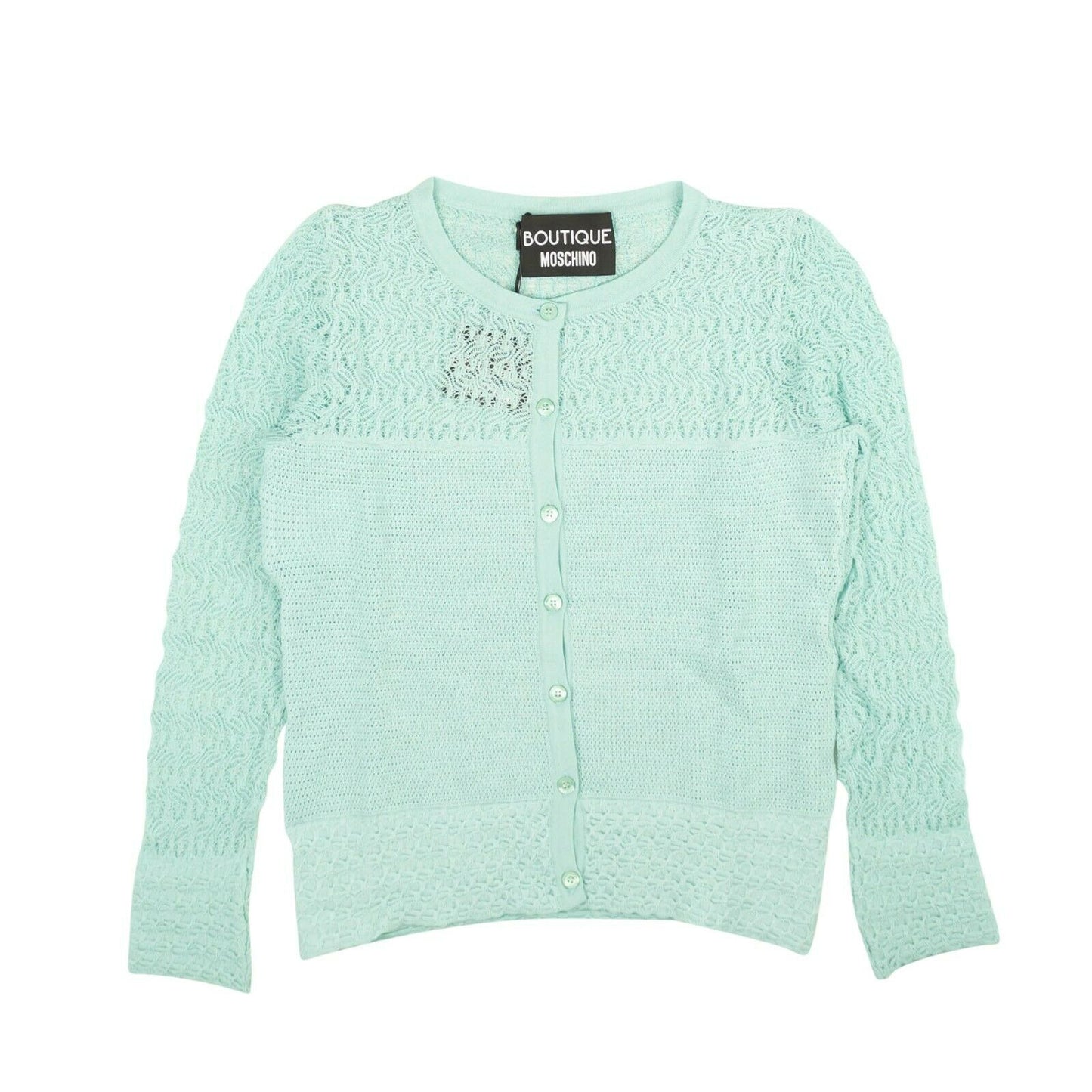 NWT BOUTIQUE MOSCHINO Turquoise Knit Pointelle Cardigan