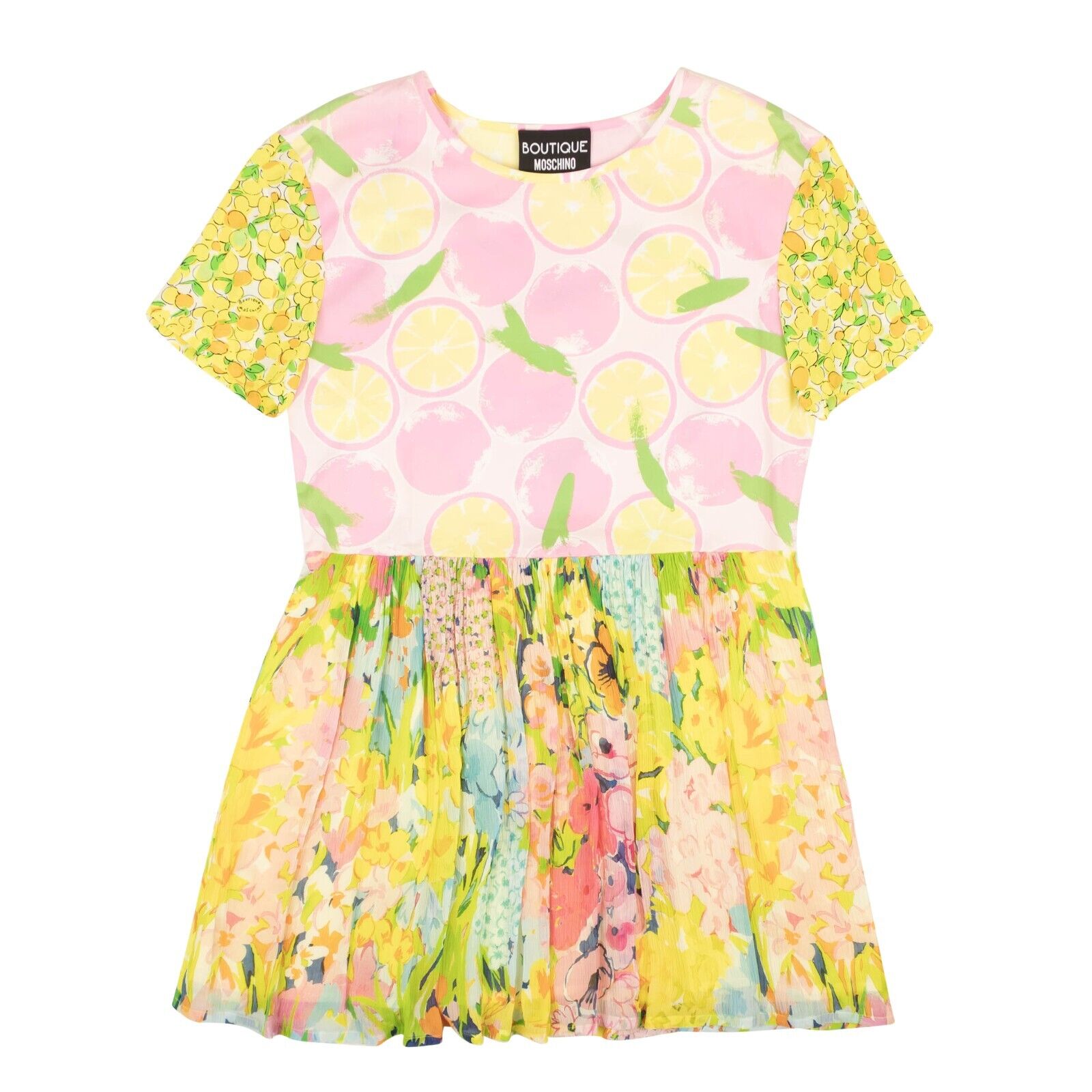 Botique Moschino Floral & Fruits Spring Silk Mini Dress - Yellow/Multi