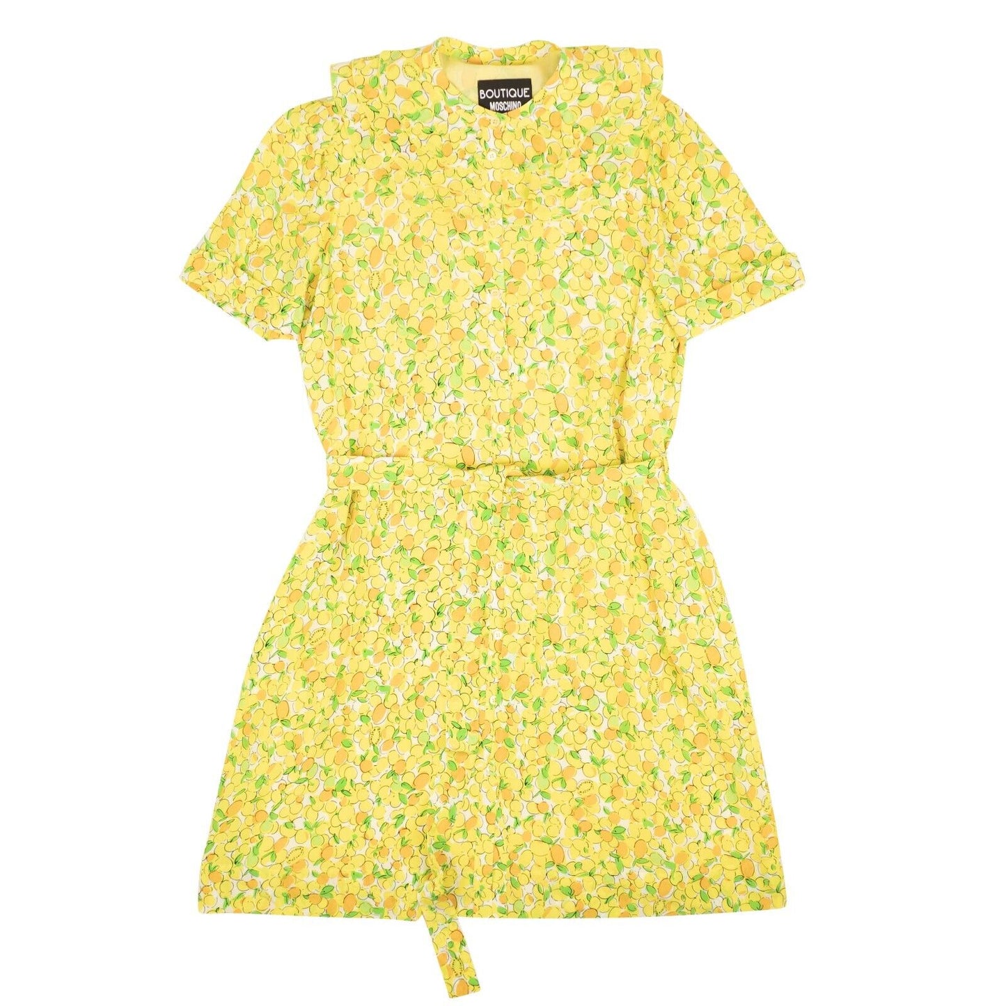 NWT BOUTIQUE MOSCHINO Yellow Lemon Print Silk Ruffle Neck Dress