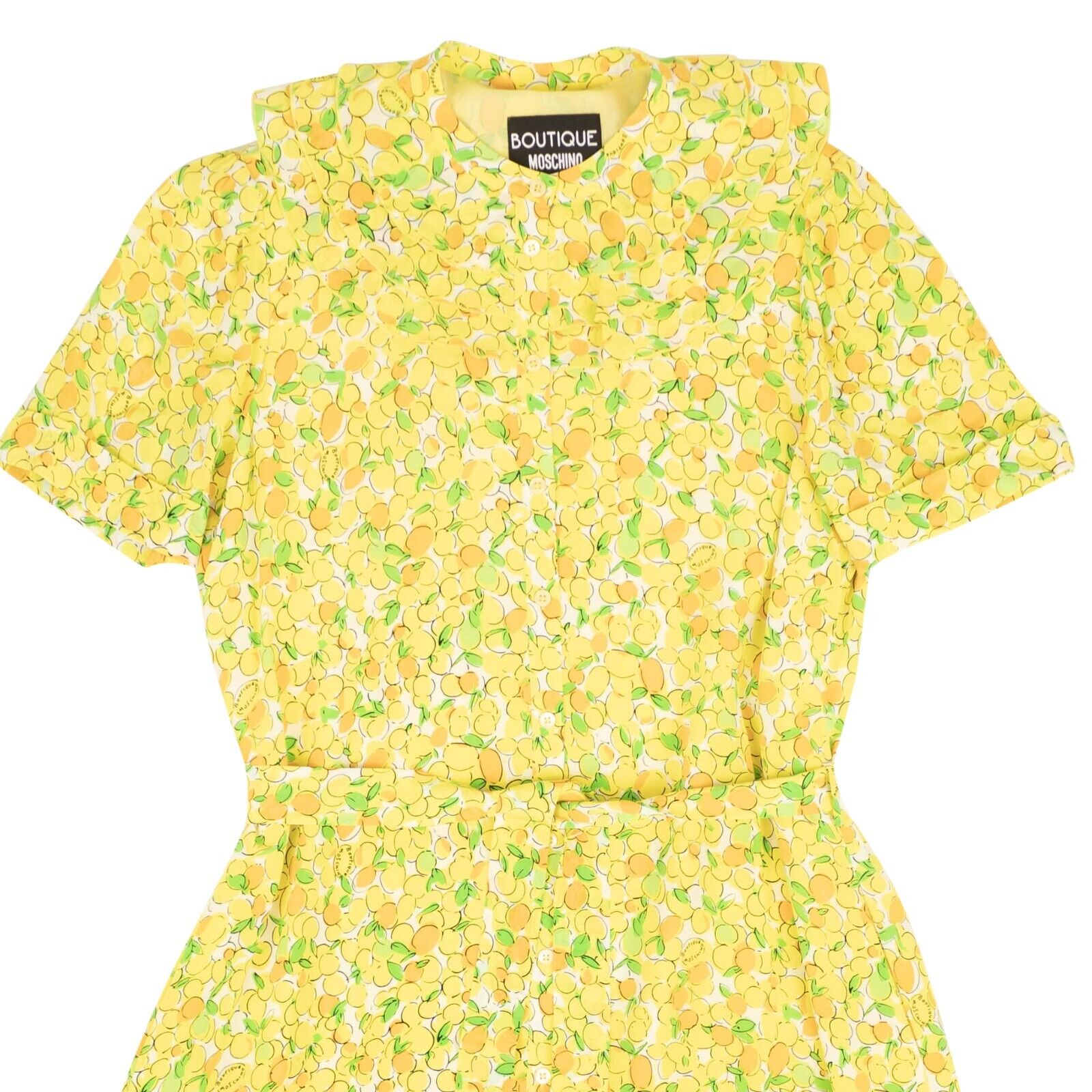 Botique Moschino Short Sleeve Lemon Print Silk Ruffle Neck Dress - Yellow