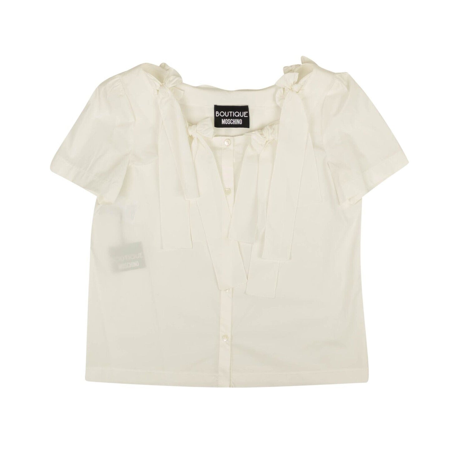 White Bow Accented Short Sleeve Blouse