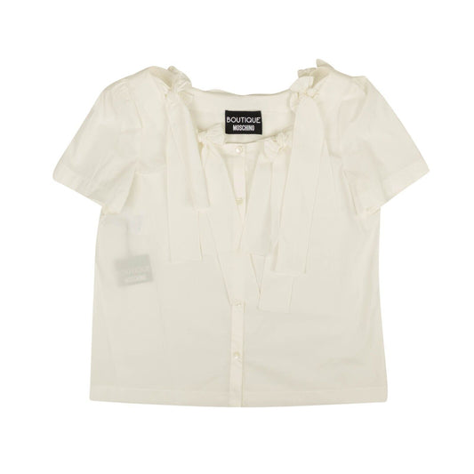 White Bow Accented Short Sleeve Blouse