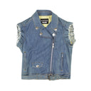 BOUTIQUE MOSCHINO BLUE DENIM EYELET RUFFLE SLEEVELESS VEST