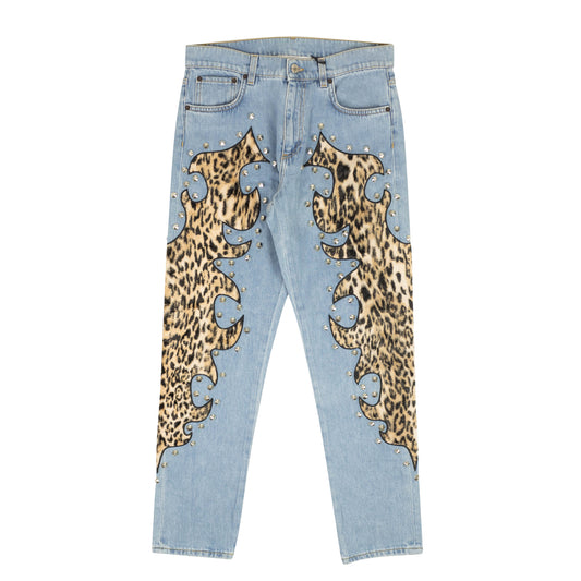 NWT MOSCHINO COUTURE Blue Leopard Flame Detail Jeans