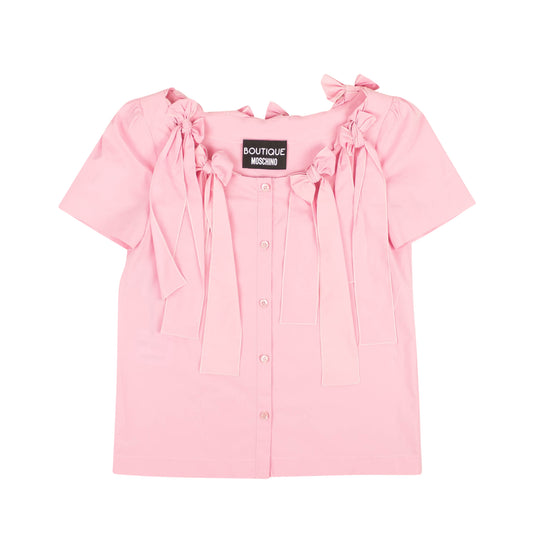 NWT BOUTIQUE MOSCHINO Pink Bow Accented Short Sleeve Blouse