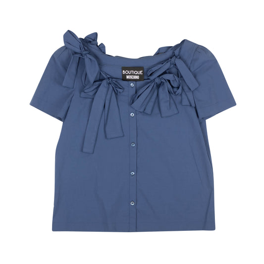 NWT BOUTIQUE MOSCHINO Blue Bow Accented Short Sleeve Blouse
