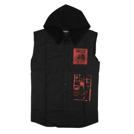 Black Sleeveless Hooded Patches Shirt