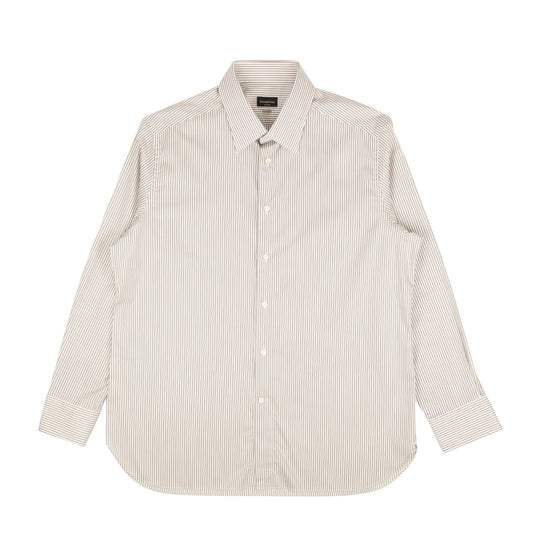 Taupe And White Striped Cotton Dress Shirt