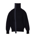 Navy Blue Ribbed Zipper Turtleneck Wool Sweater
