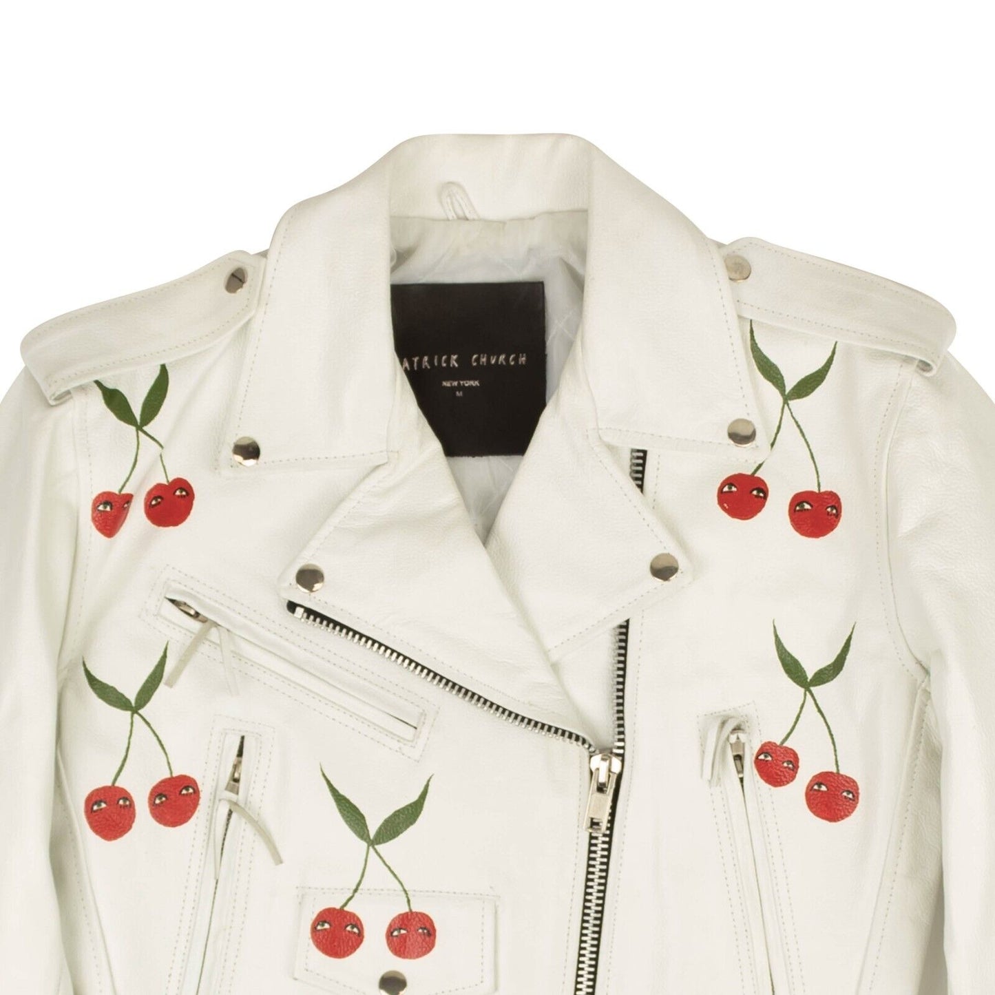 Patrick Church Hand Painted Cherry Leather Jacket - White