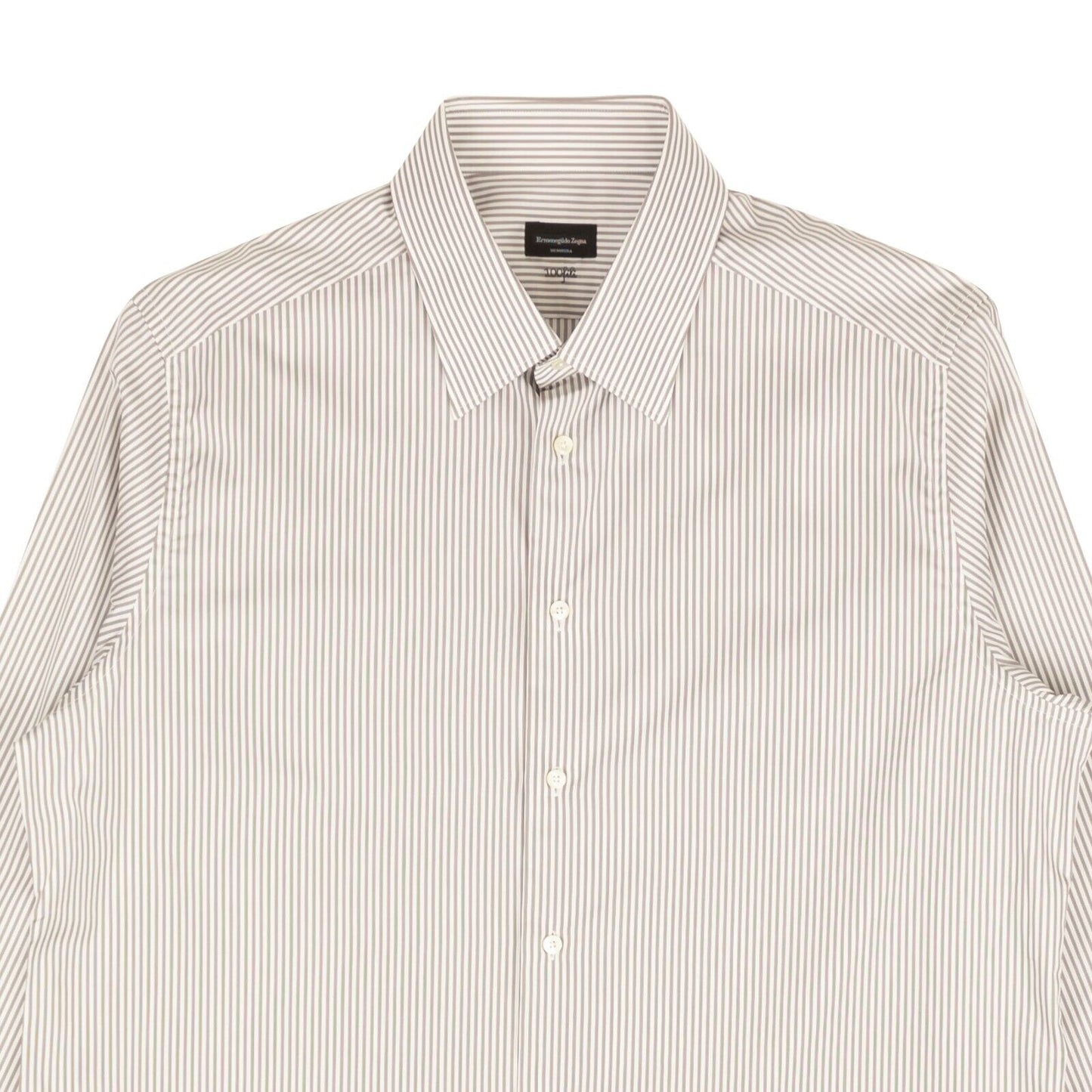 Taupe And White Striped Cotton Dress Shirt