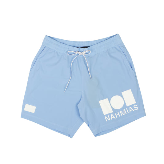 Light Blue Graphic Logo Design Swim Trunks