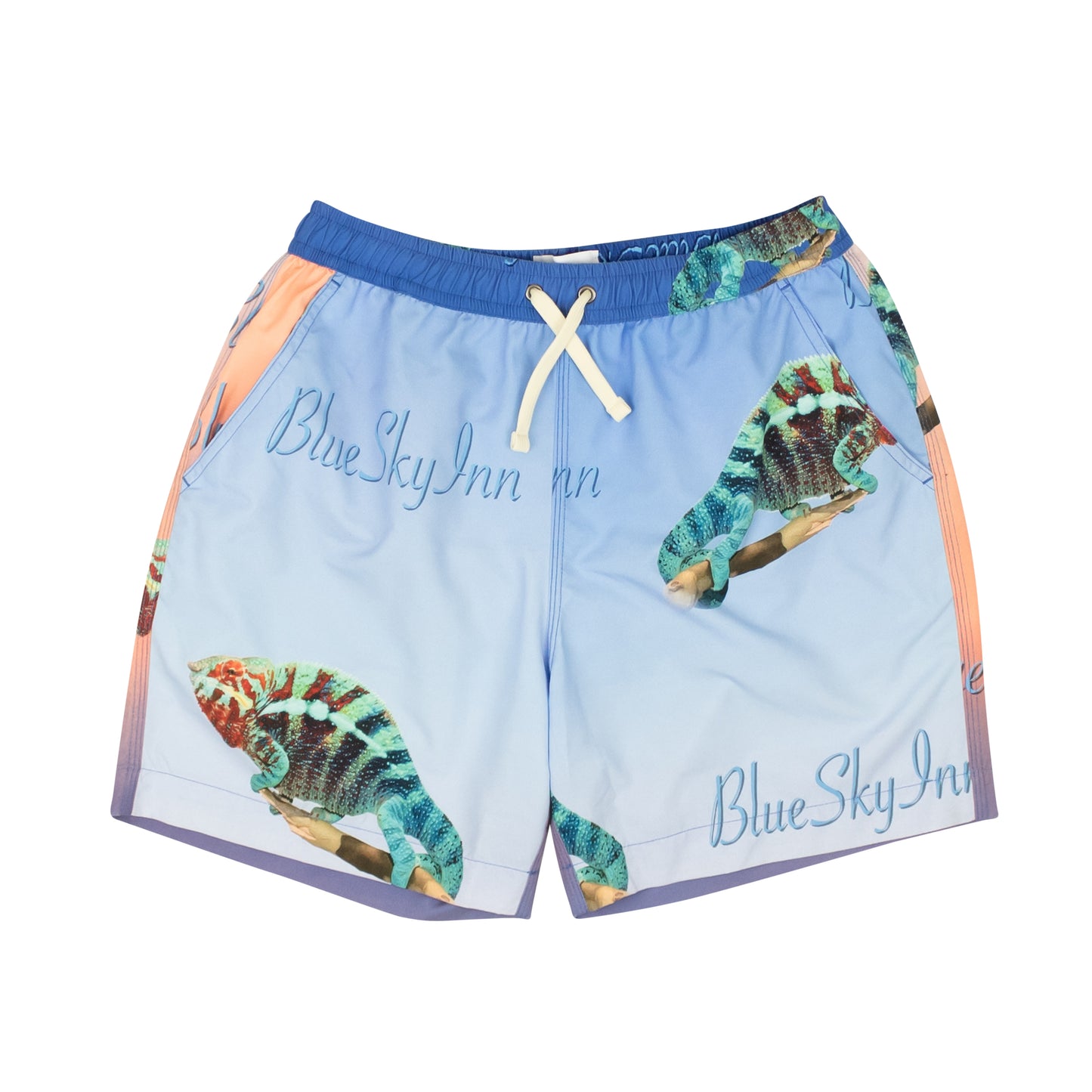 Blue And Coral Chameleon Print Swim Trunks