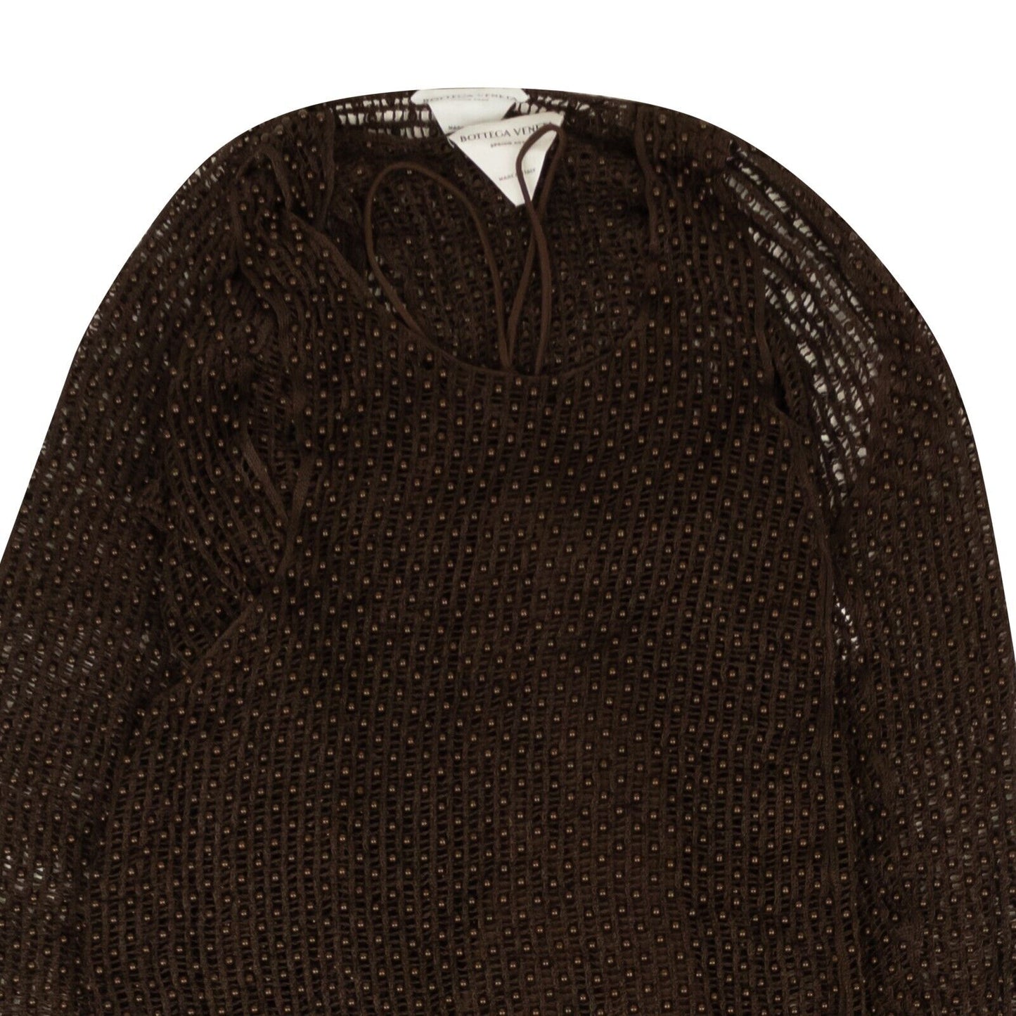 NWT BOTTEGA VENETA Chocolate Brown Beaded Mesh Knit Dress Set