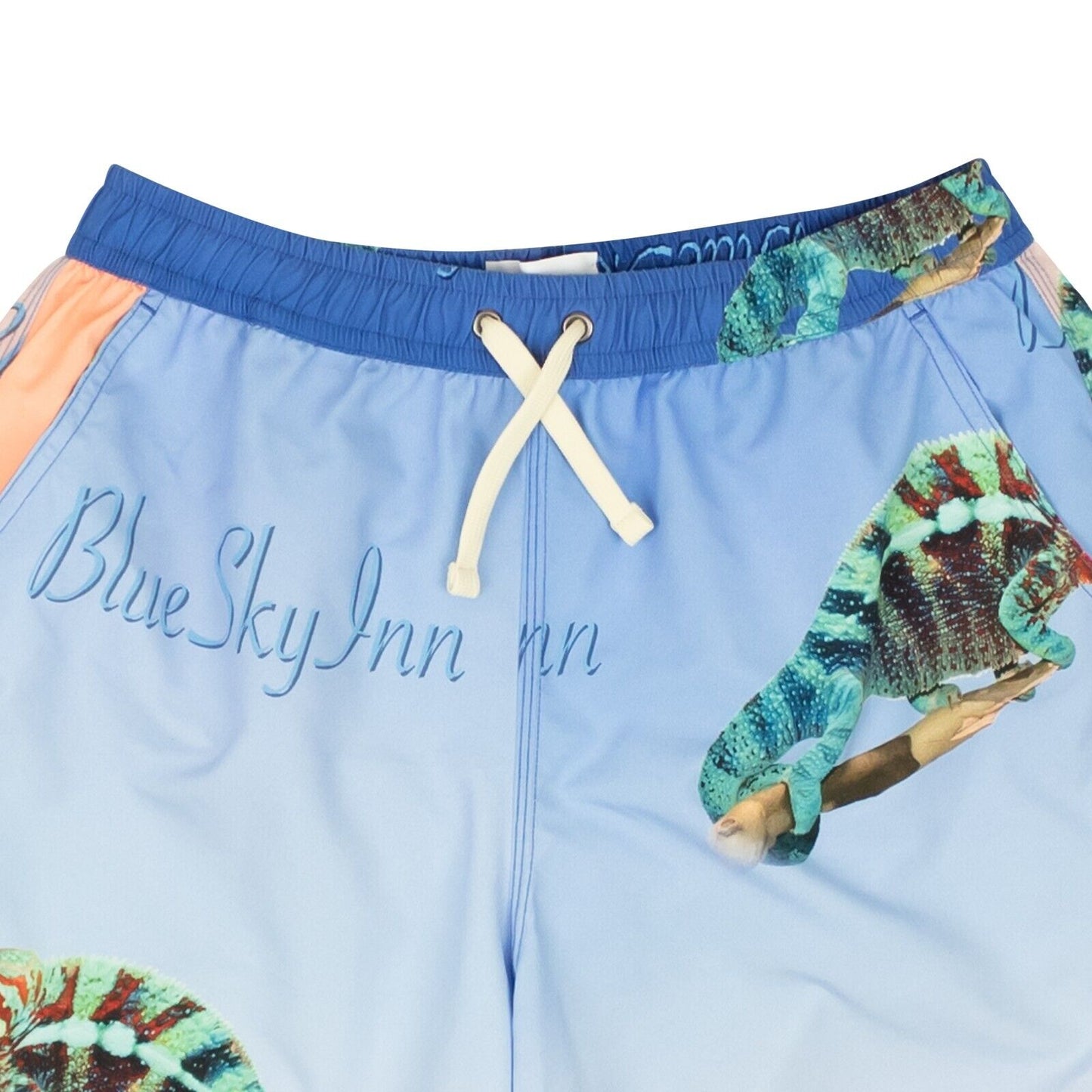 Blue And Coral Chameleon Print Swim Trunks