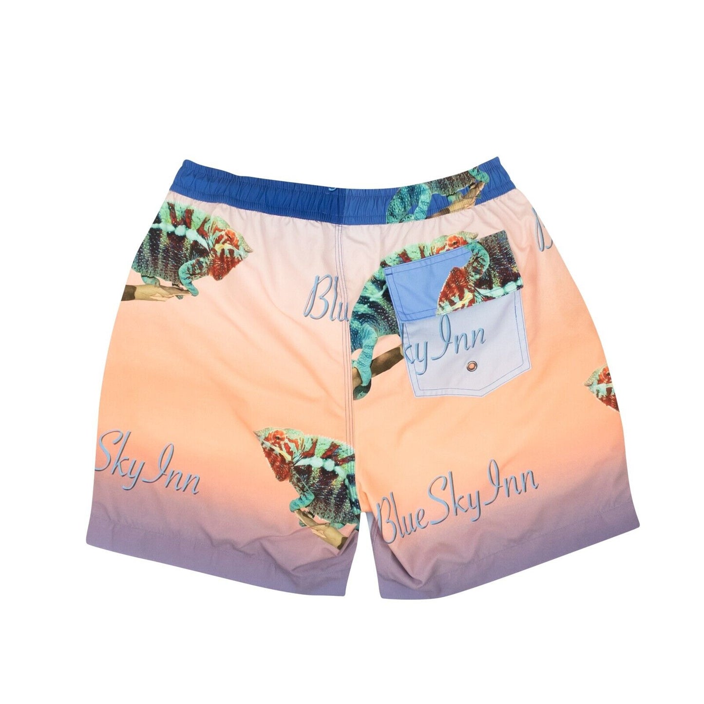 Blue And Coral Chameleon Print Swim Trunks