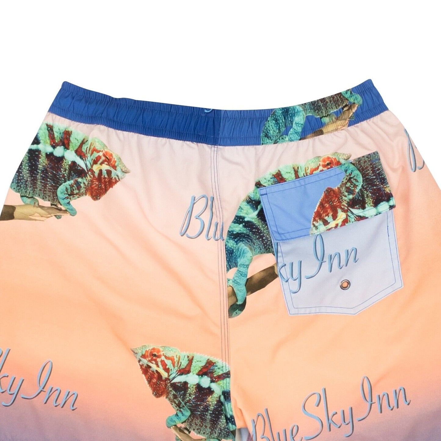 Blue And Coral Chameleon Print Swim Trunks