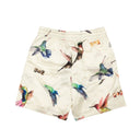 White Silk Hummingbird Print Shorts