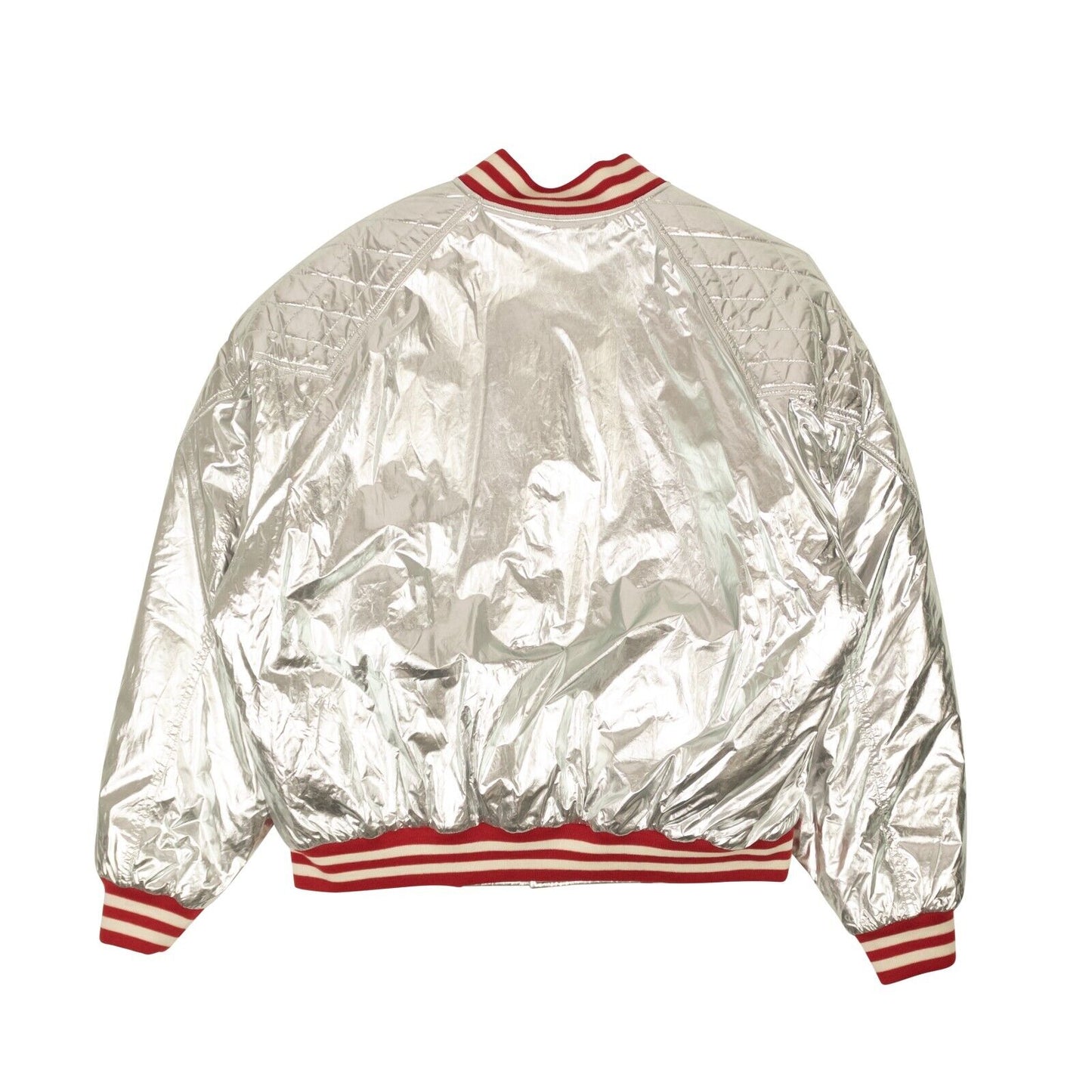 Silver And Red Padded Teddy Bomber Jacket