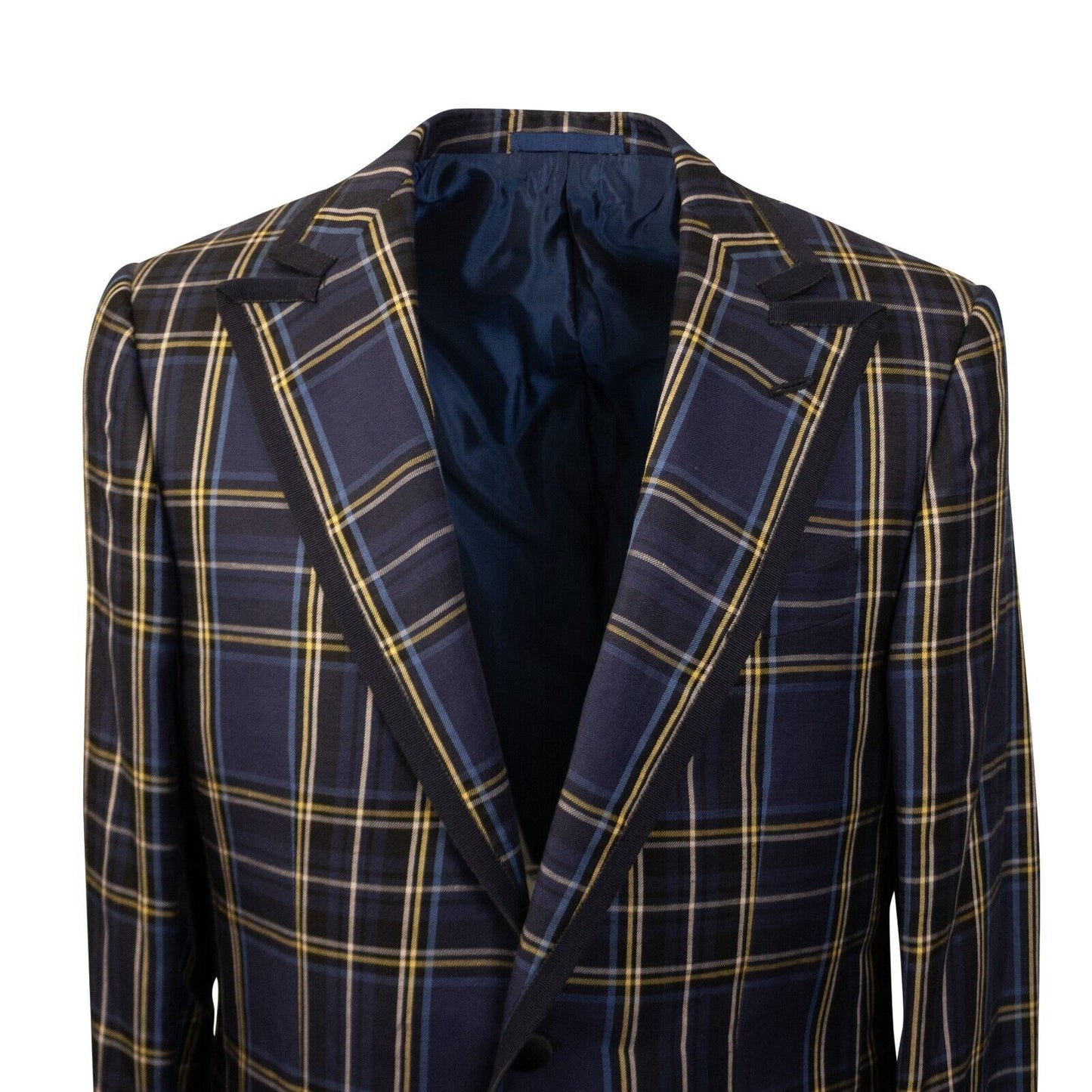 Navy Plaid Silk And Linen Single Breasted Blazer