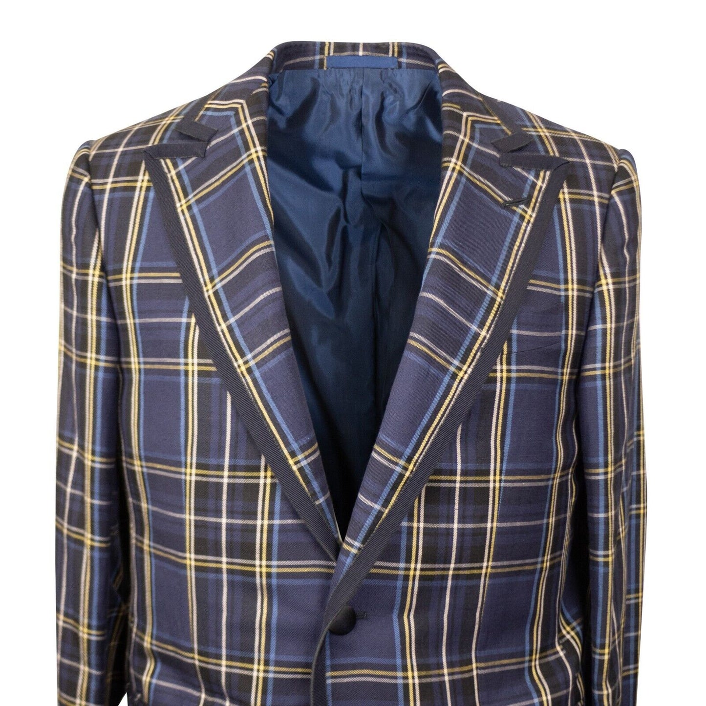 Navy Plaid Silk And Linen Single Breasted Blazer