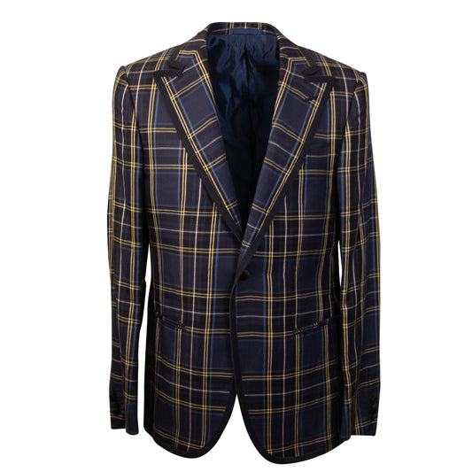 Navy Plaid Silk And Linen Single Breasted Blazer