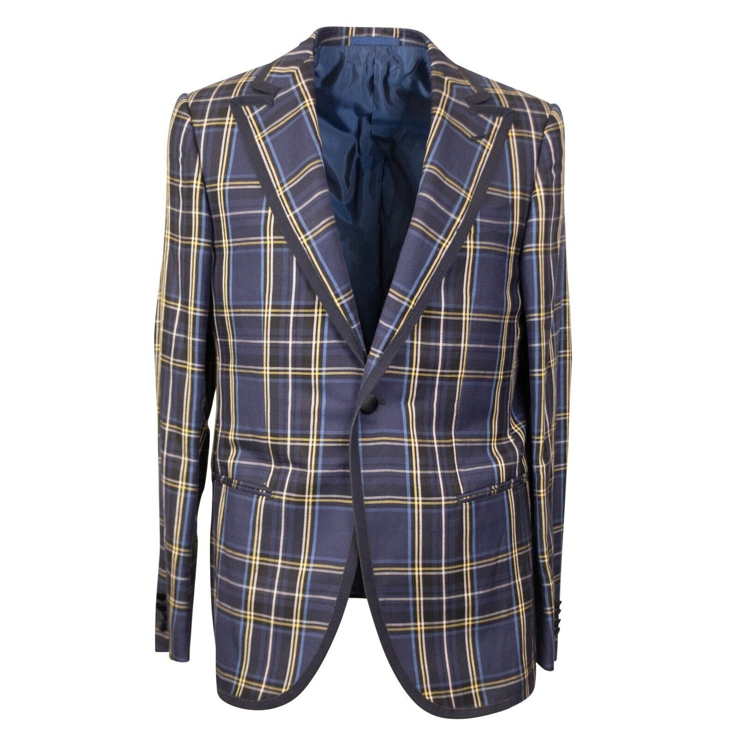 Navy Plaid Silk And Linen Single Breasted Blazer