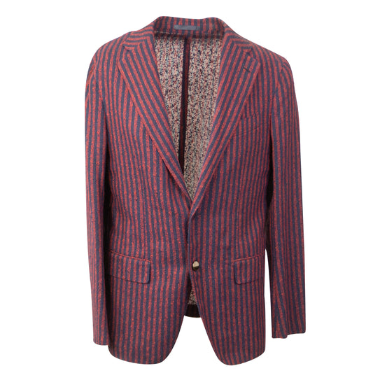 Navy And Red Linen Blend Stripe Single Breasted Blazer